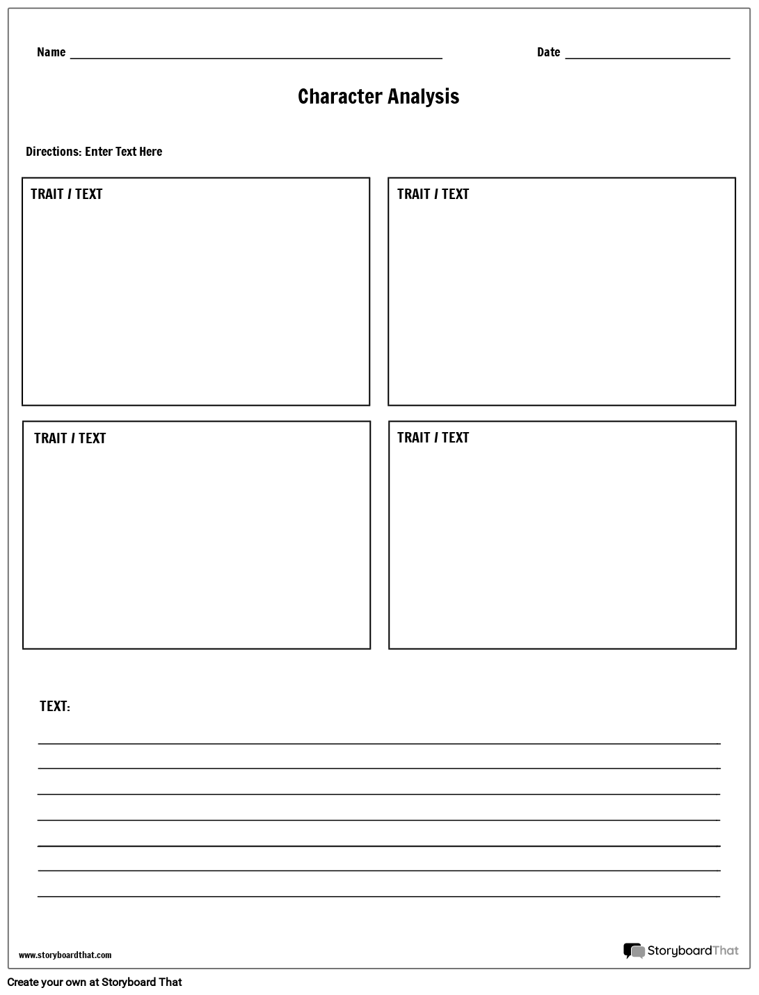 Simple Character Analysis Worksheet with Boxes and Lines