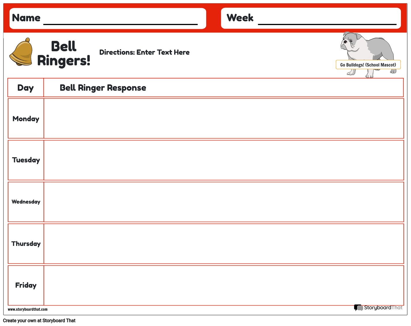 Red-Themed 5 Days Bell Ringer Worksheet