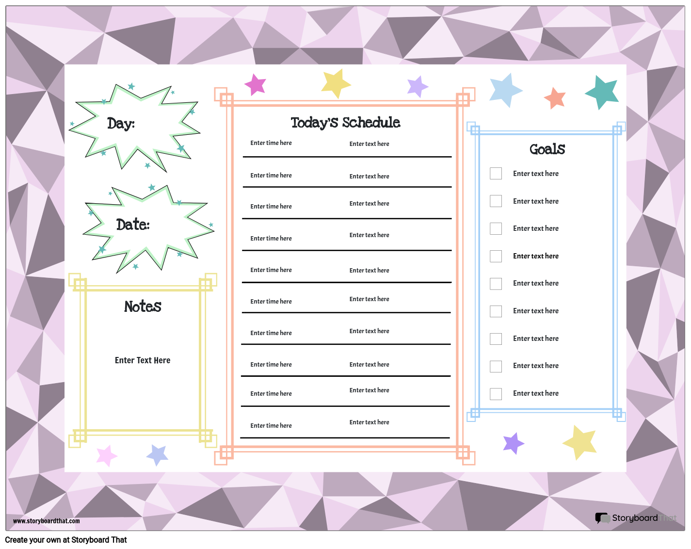 Daily Planner Worksheet Template with Colorful Stars