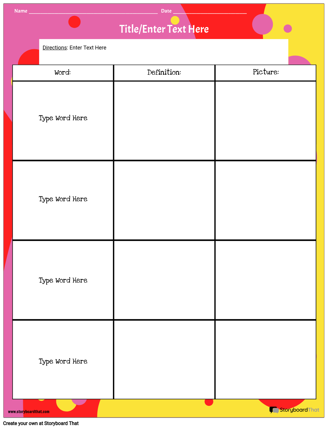 Colorful Background Grid Definition Worksheet Template