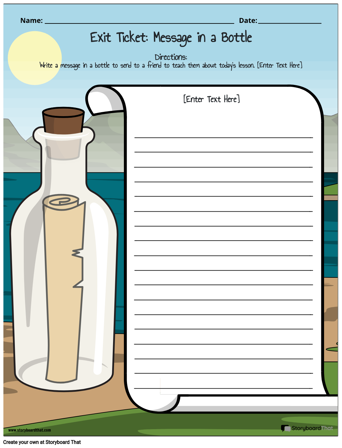 Message in a Bottle Themed Exit Ticket Template