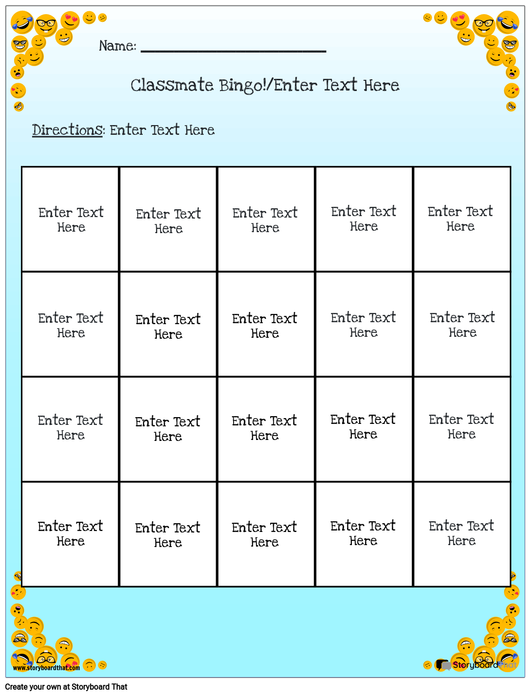 First Day Activities Bingo Sheet with Smiley Face Background