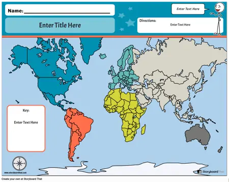 World Map Worksheet Landscape Color with Key