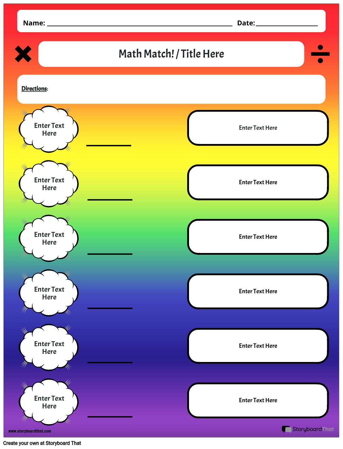 Bright Rainbow Themed Math Vocabulary Worksheet