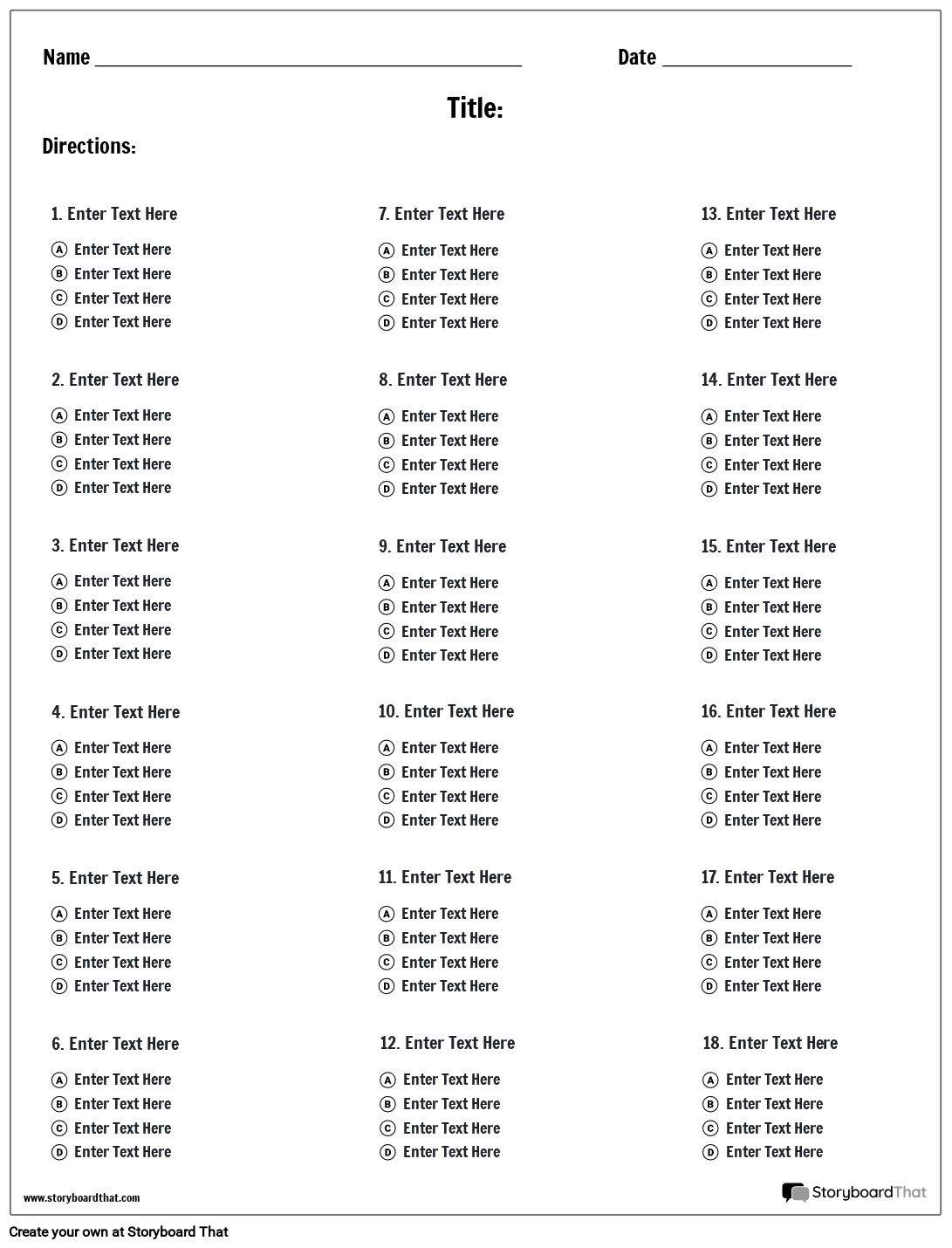 Printable Three Column Free Multiple Choice Template