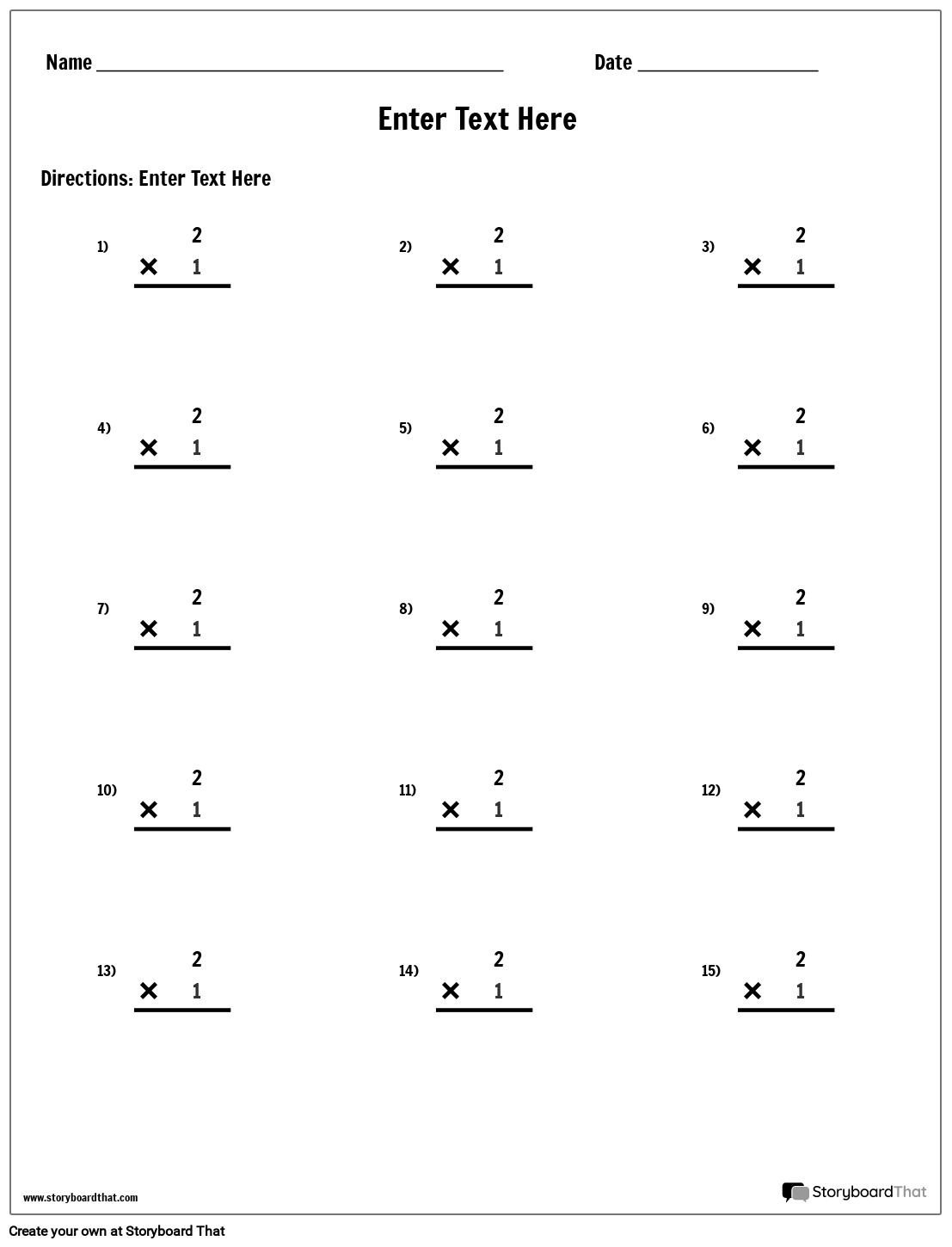 Multiplication Practice Worksheet with 15 Simple Problems