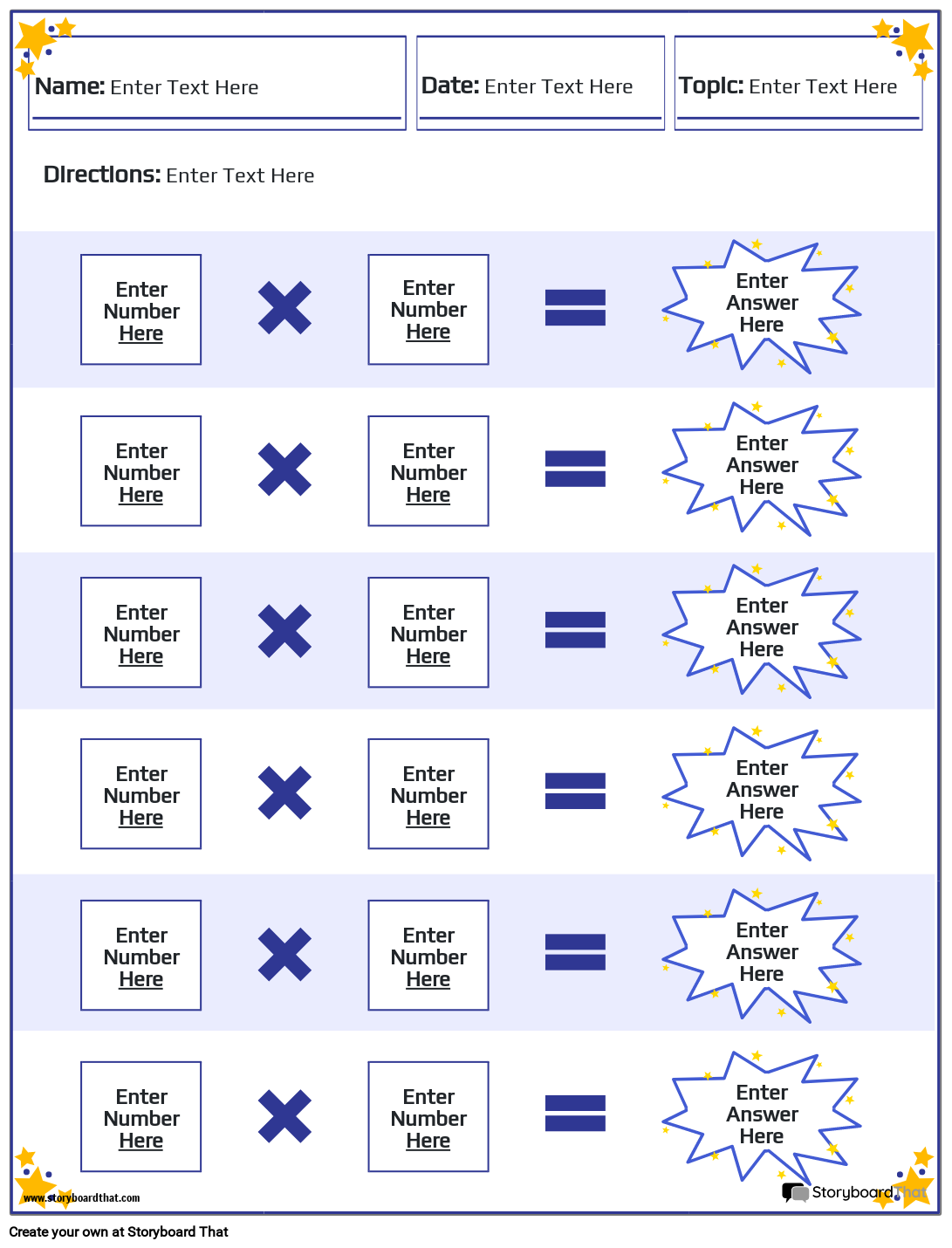 Blue Themed Multiplication Practice Worksheet Featuring Stars