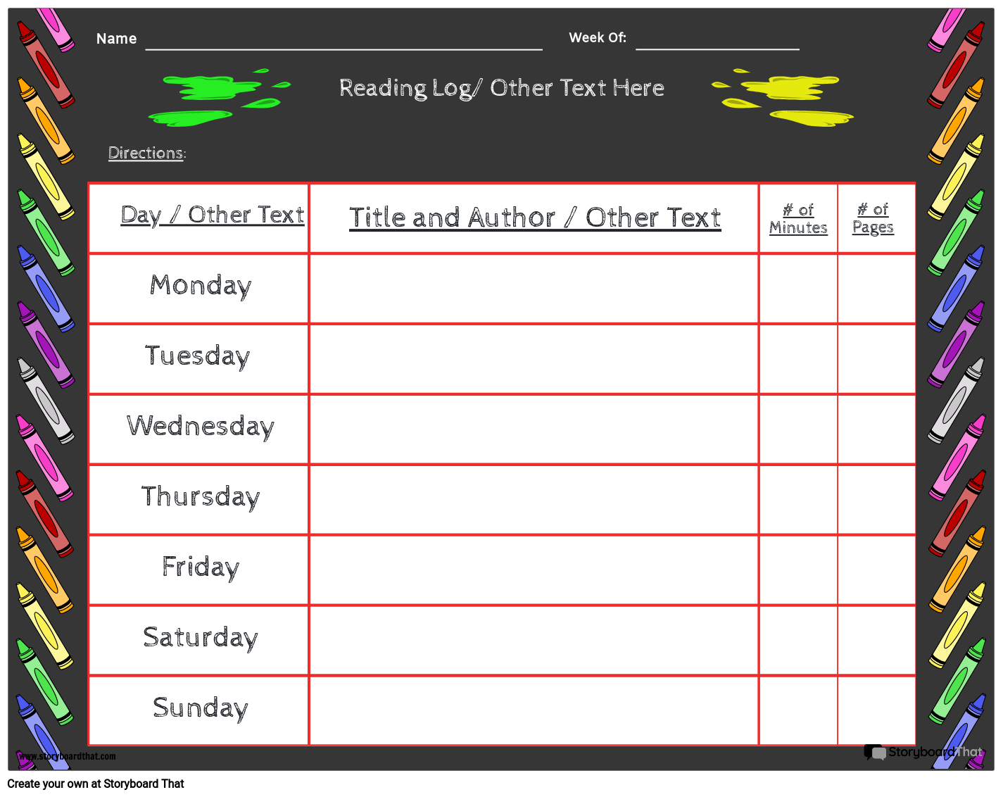 Colorful Crayons Based Reading Log Template