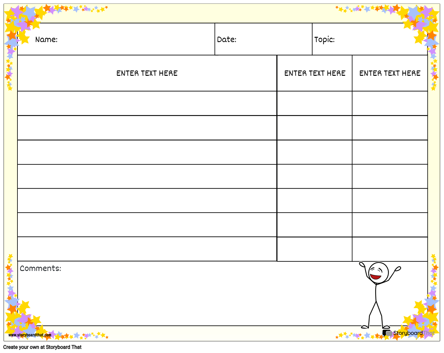 Rubric Worksheet Template with Colorful Stars