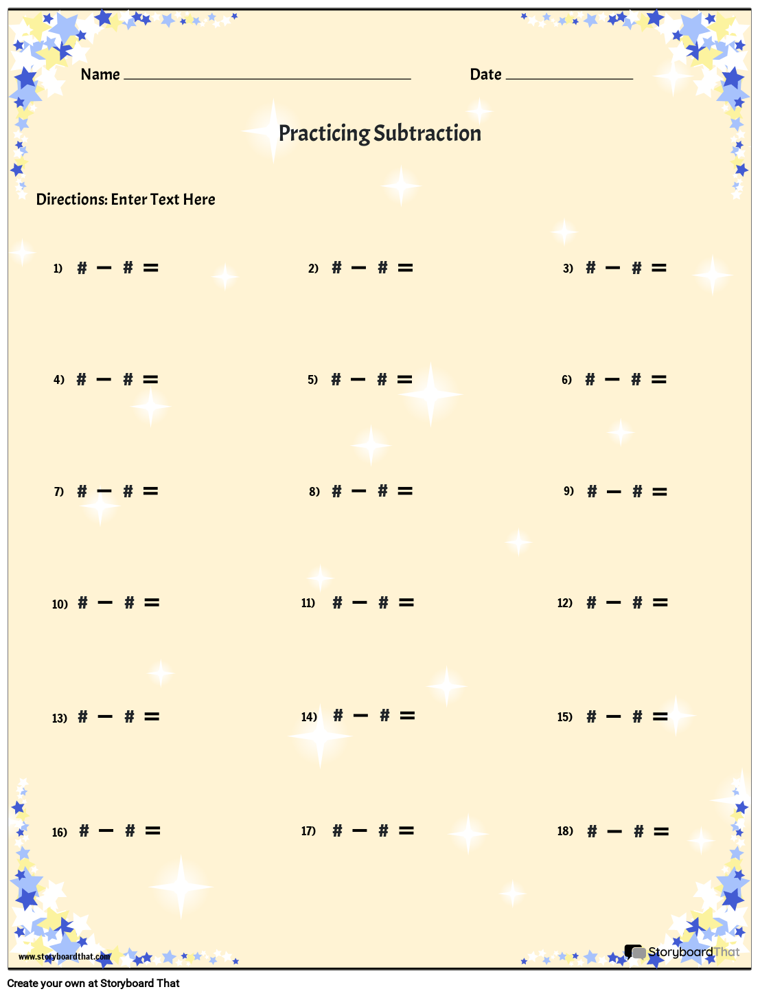 Stars Themed Subtraction Worksheet Design