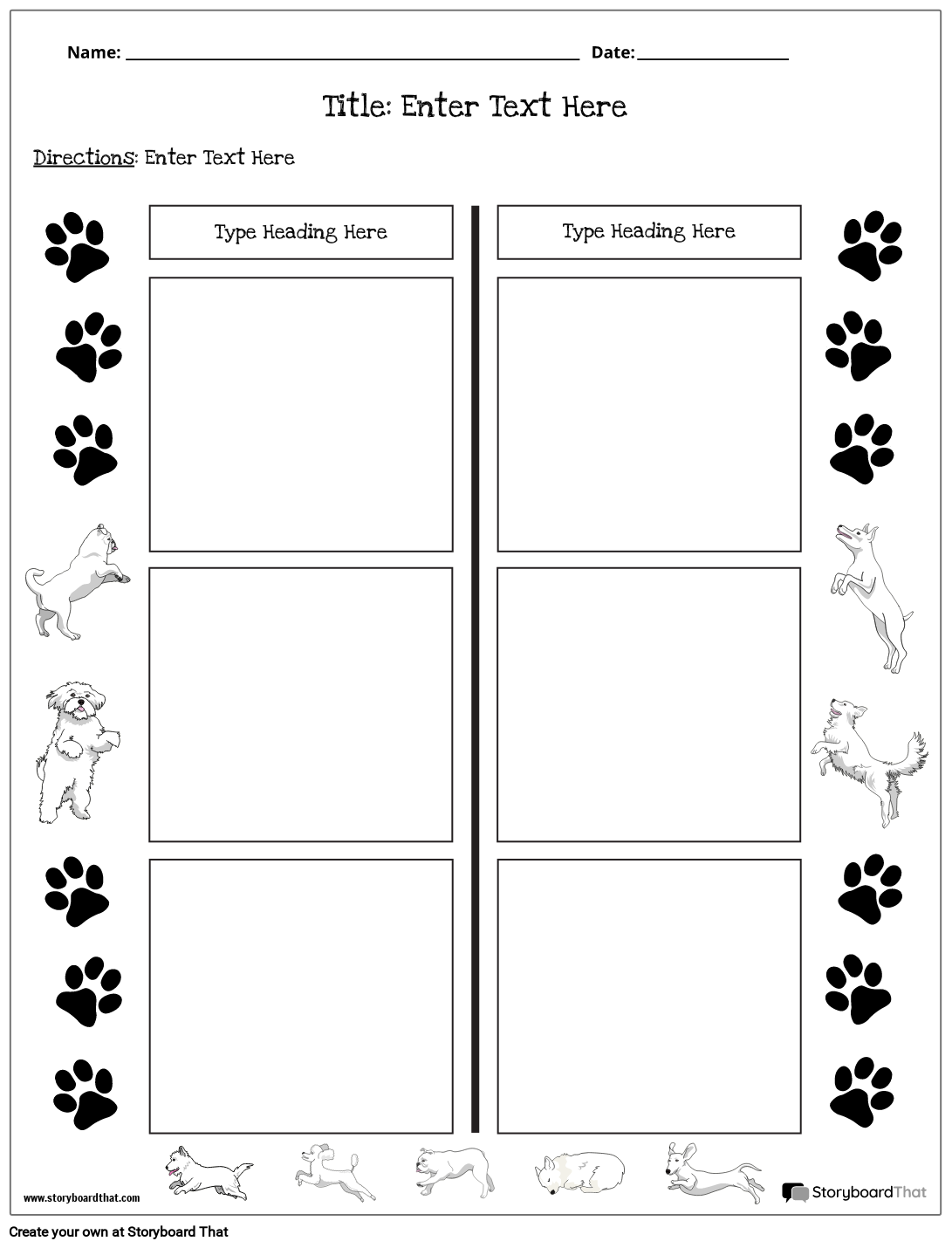 Paw Print Themed T-Chart Practice Sheet Template