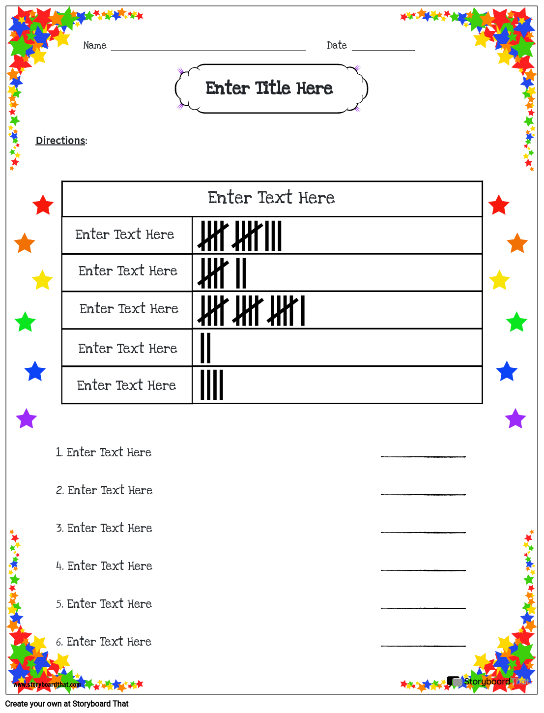 Rainbow Stars Based Tally Chart Worksheet