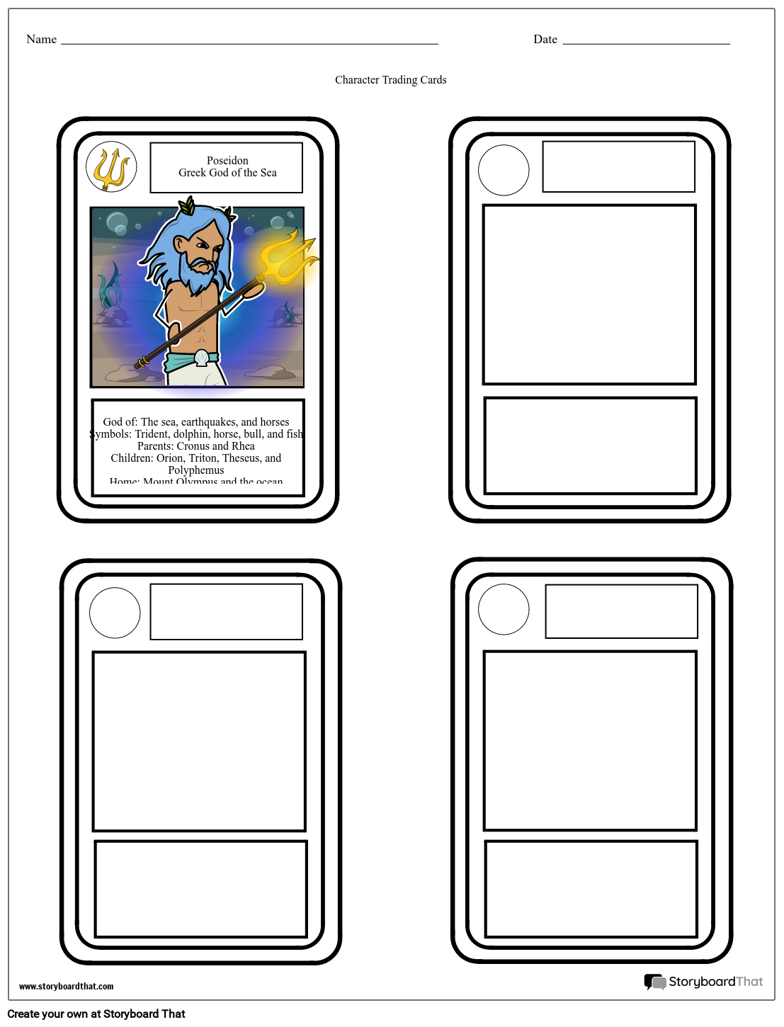 Simple Trading Cards Character Map Worksheet Template