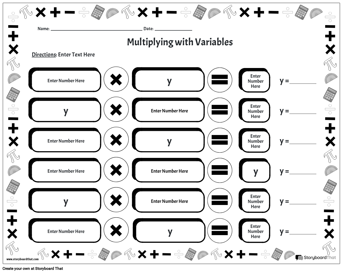 Variables Worksheet Template with Math Symbols