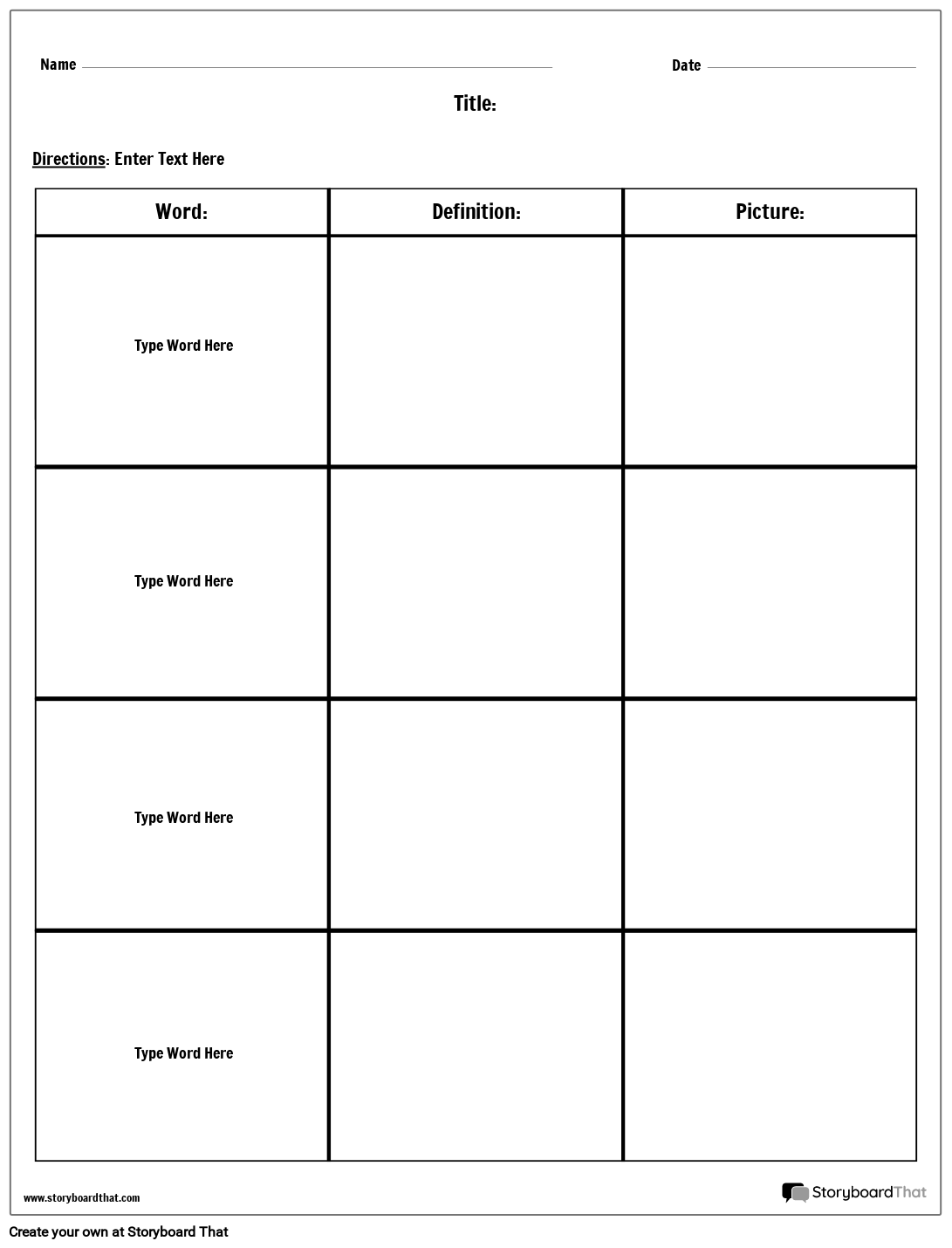 Word, Picture, Definition Worksheet