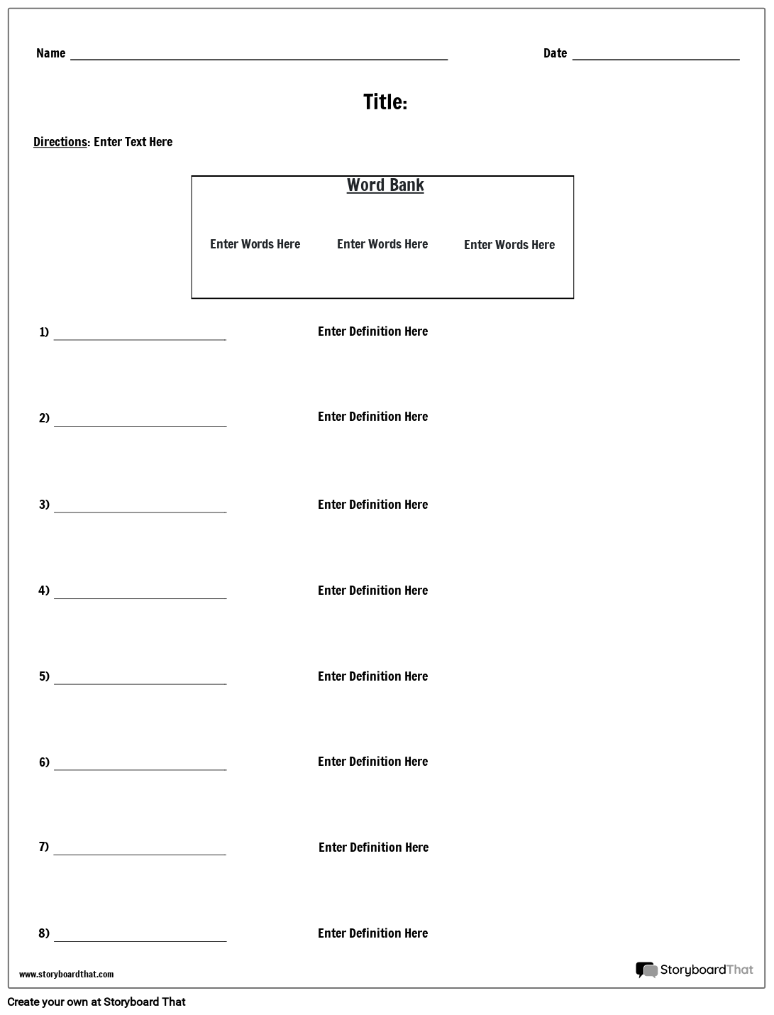 Word Bank and Definitions Storyboard by worksheet-templates Inside Vocabulary Words Worksheet Template