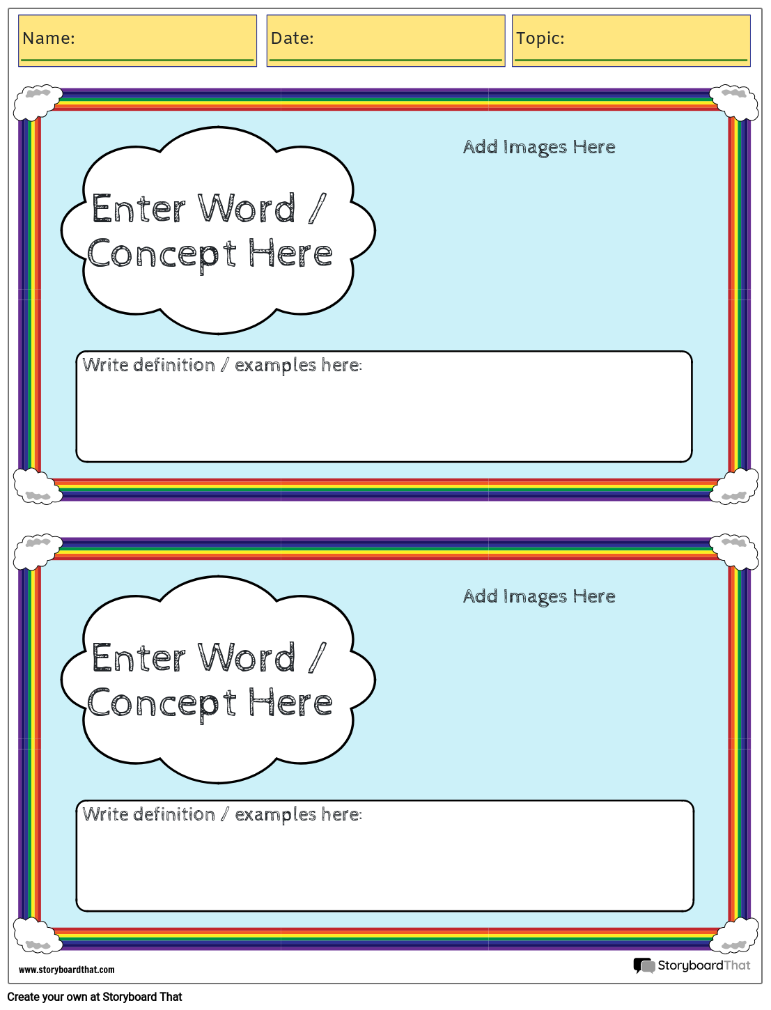 Word Wall Worksheet with Rainbows on Borders